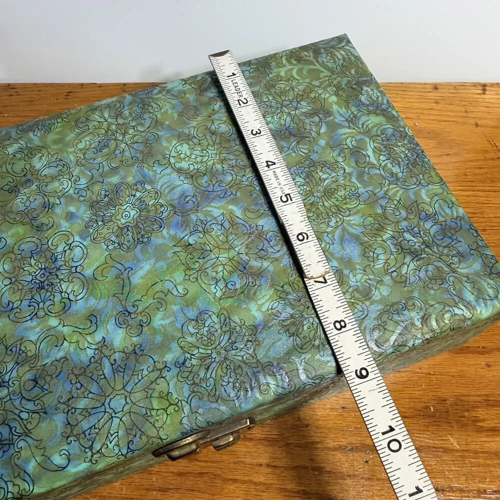 Mid Century Groovy Blue Green Floral Jewelry Box Velvet Lining Dresser Box 14